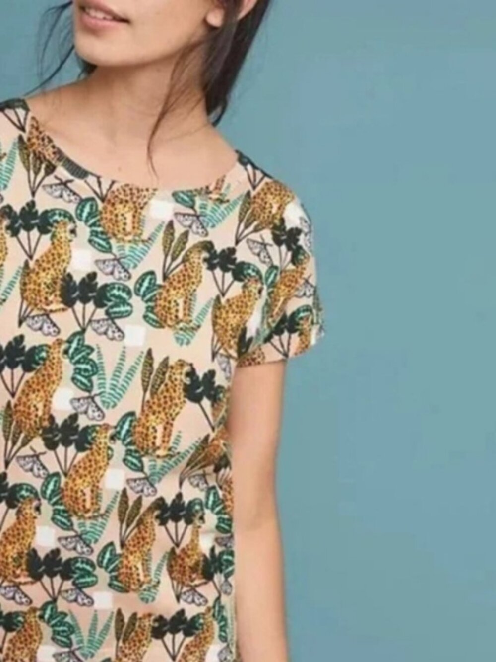 Pepaloves Anthropologie Jungle Cat Sweater Tee Tropical Boho Womens Small - Picture 3 of 12